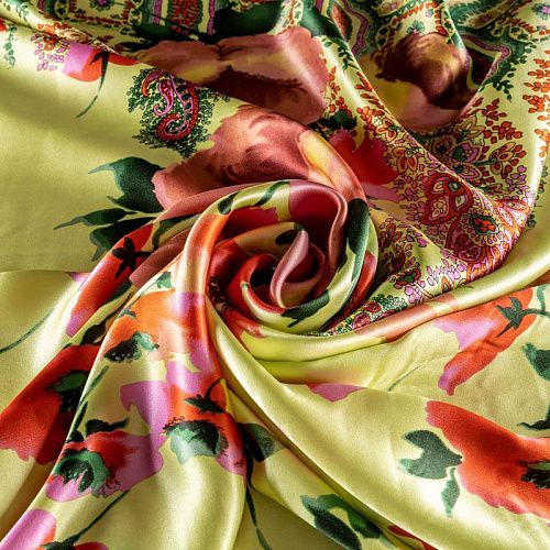 Шелк натуральный К24-1004 салатовый принтованный