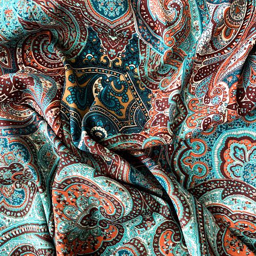 Шелк натуральный К32-242 бирюзово-коричневый принтованный